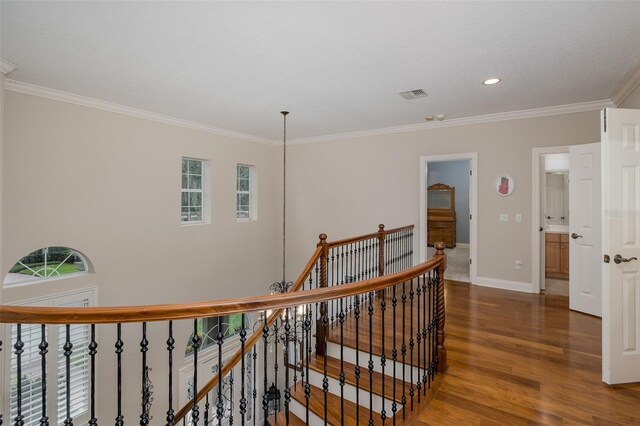 10531 Pontofino Cir, Trinity, FL 34655 - corridor with wood finished floors, an upstairs landing, crown molding, healthy amount of natural light, and baseboards