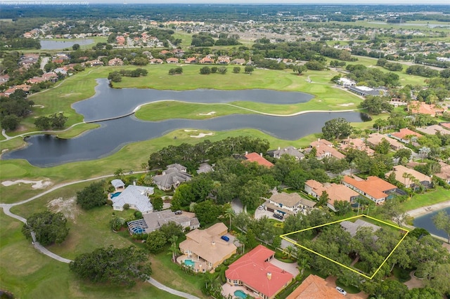 10531 Pontofino Cir, Trinity, FL 34655 - aerial perspective of suburban area featuring property boundaries highlighted, a large body of water, and a golf course