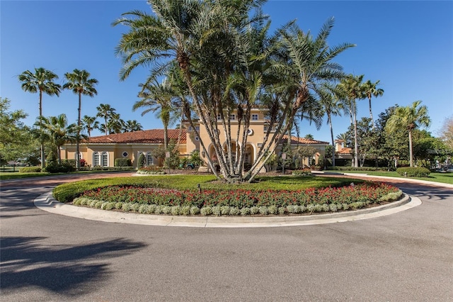10531 Pontofino Cir, Trinity, FL 34655 - mediterranean / spanish house with curved driveway, stucco siding, and a tile roof