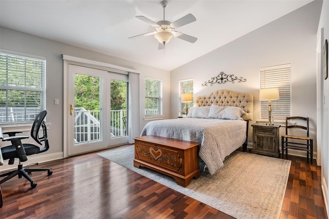 2880 Chelsea Pl N, Clearwater, FL 33759 - bedroom with access to exterior, vaulted ceiling, wood finished floors, a desk, and a ceiling fan