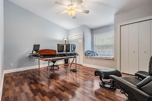 2880 Chelsea Pl N, Clearwater, FL 33759 - office space with wood finished floors, vaulted ceiling, and ceiling fan