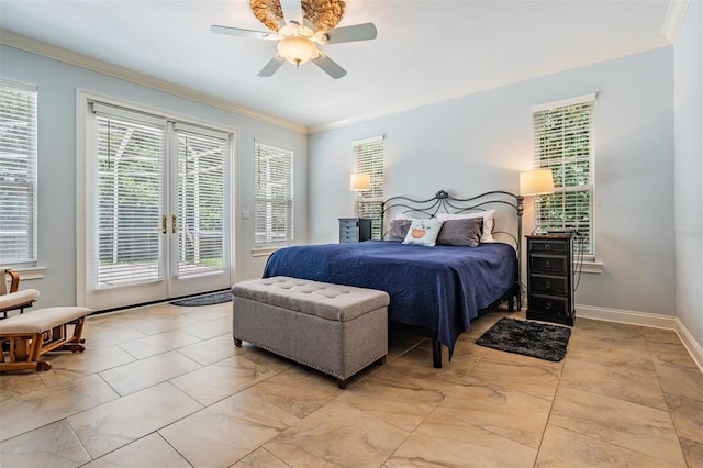 2880 Chelsea Pl N, Clearwater, FL 33759 - bedroom with access to outside, ornamental molding, multiple windows, french doors, and a ceiling fan