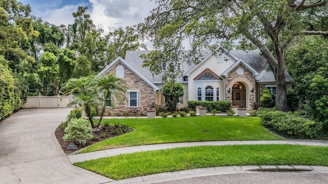 2880 Chelsea Pl N, Clearwater, FL 33759 - view of front of home with stone siding, driveway, stucco siding, and a front yard