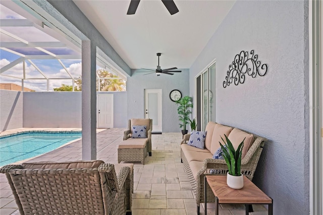 10250 Locker Dr, Spring Hill, FL 34608 - view of patio / terrace featuring a ceiling fan, an outdoor hangout area, and an outdoor pool