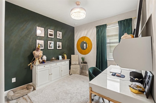 11579 Weaver Hollow Rd, New Port Richey, FL 34654 - office featuring a chandelier, baseboards, an accent wall, and wallpapered walls