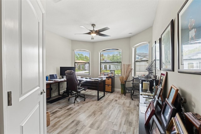 11579 Weaver Hollow Rd, New Port Richey, FL 34654 - home office with light wood-style floors, ceiling fan, baseboards, and a textured ceiling