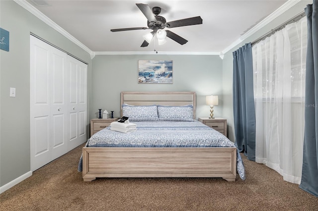 4851 NE 7th St, Ocala, FL 34470 - carpeted bedroom with ornamental molding, a closet, a ceiling fan, and baseboards