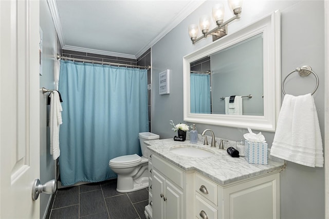 4851 NE 7th St, Ocala, FL 34470 - full bath featuring vanity, crown molding, toilet, tile patterned floors, and curtained shower