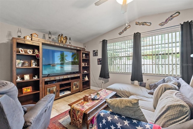 4350 Sawgrass Blvd, New Port Richey, FL 34653 - living room featuring vaulted ceiling, tile patterned flooring, and a ceiling fan
