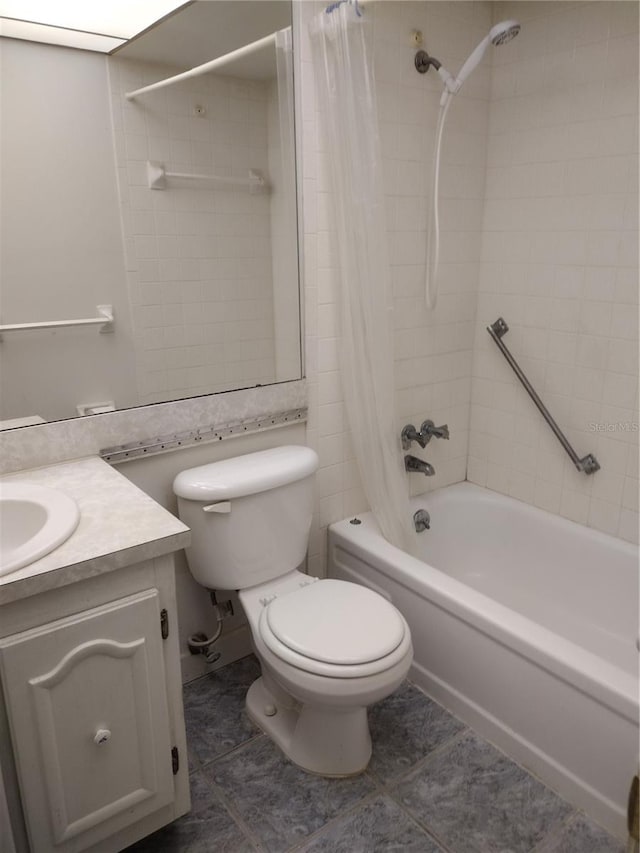 11715 Boynton Ln Unit 74B, New Port Richey, FL 34654 - bathroom with shower / bathtub combination with curtain, toilet, vanity, and tile patterned flooring