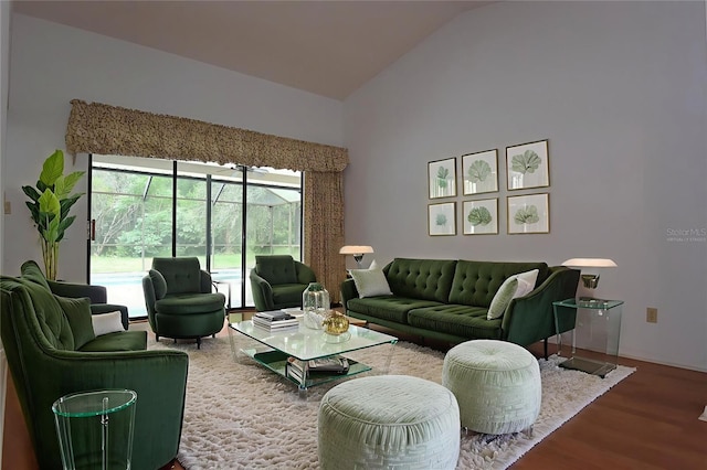 11364 Orangewood Ct, Spring Hill, FL 34609 - living area featuring wood finished floors and high vaulted ceiling