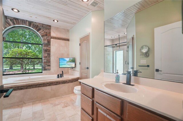 8518 Quail Hollow Blvd, Wesley Chapel, FL 33544 - full bath with toilet, vanity, a bath, recessed lighting, and wood ceiling