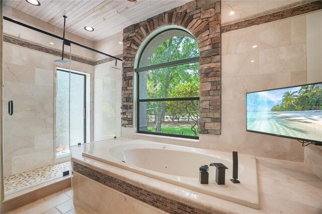 8518 Quail Hollow Blvd, Wesley Chapel, FL 33544 - full bathroom featuring a stall shower, a whirlpool tub, wood ceiling, tile patterned flooring, and recessed lighting