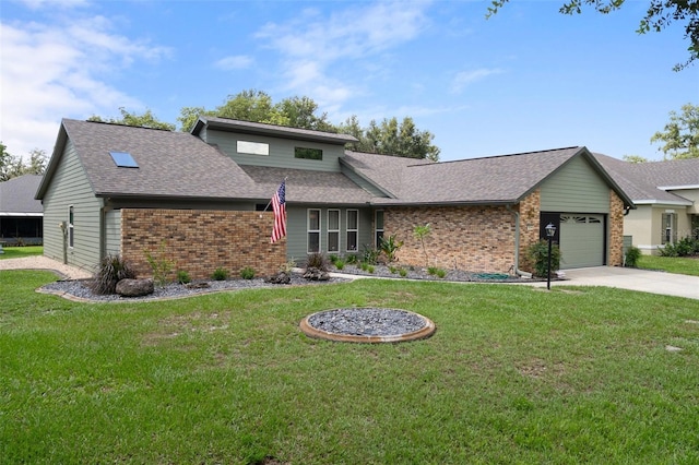 35046 Smoketree Ln, Dade City, FL 33523 - mid-century home with brick siding, concrete driveway, an attached garage, a front yard, and roof with shingles