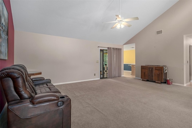 35046 Smoketree Ln, Dade City, FL 33523 - unfurnished living room with a ceiling fan, high vaulted ceiling, and carpet floors