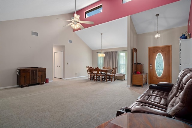 35046 Smoketree Ln, Dade City, FL 33523 - living area featuring high vaulted ceiling, light carpet, and ceiling fan