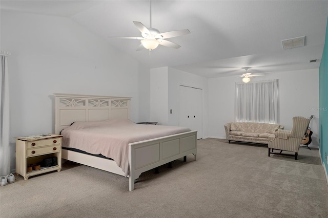 35046 Smoketree Ln, Dade City, FL 33523 - bedroom featuring carpet floors, vaulted ceiling, and a ceiling fan