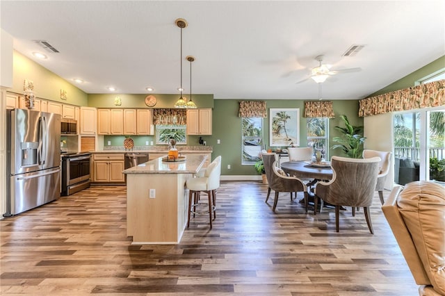 4460 Flounder Dr, Hernando Beach, FL 34607 - kitchen with stainless steel appliances, wood finished floors, a ceiling fan, a center island, and decorative light fixtures