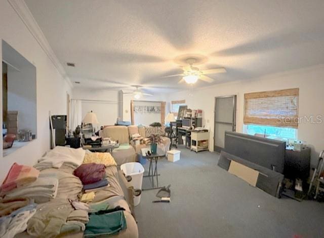 2016 Woodward Ave, Dunedin, FL 34698 - carpeted living area with ceiling fan, healthy amount of natural light, crown molding, and a textured ceiling