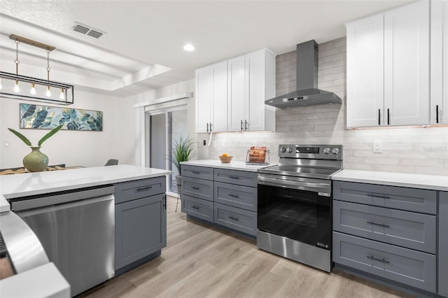 12064 Cradock St, Spring Hill, FL 34608 - kitchen with appliances with stainless steel finishes, wall chimney range hood, gray cabinetry, light countertops, and white cabinetry