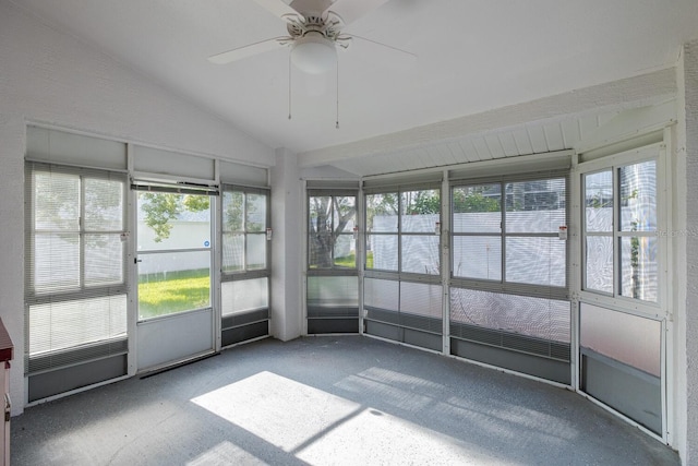 1084 Vista Fina Ct, Spring Hill, FL 34608 - unfurnished sunroom featuring lofted ceiling, ceiling fan, and plenty of natural light