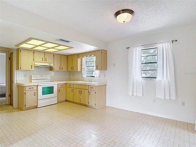 10139 Carrin Rd, Spring Hill, FL 34608 - kitchen with white electric range oven, under cabinet range hood, light countertops, a sink, and a textured ceiling