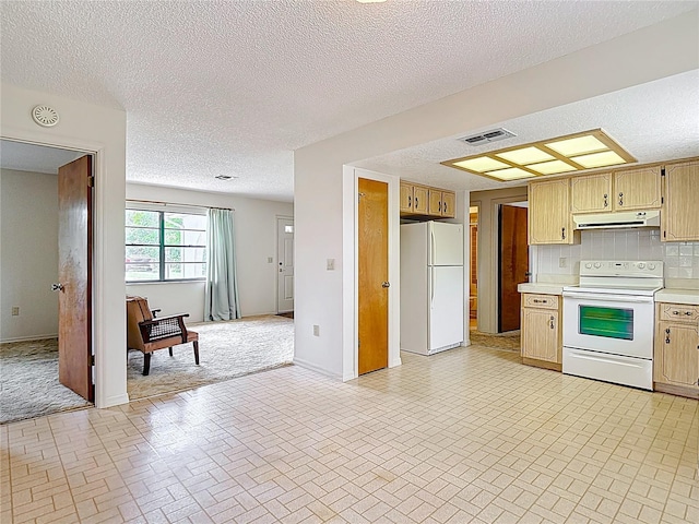 10139 Carrin Rd, Spring Hill, FL 34608 - kitchen featuring white appliances, under cabinet range hood, light countertops, brick patterned floors, and open floor plan