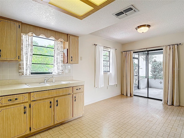10139 Carrin Rd, Spring Hill, FL 34608 - kitchen with a sink, brick patterned flooring, light countertops, baseboards, and tasteful backsplash