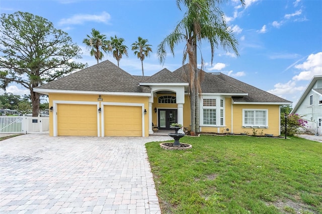 5440 Manatee Point Dr, New Port Richey, FL 34652 - view of front facade with a garage, decorative driveway, roof with shingles, and stucco siding