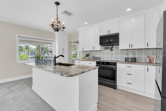 5440 Manatee Point Dr, New Port Richey, FL 34652 - kitchen with black / electric stove, a sink, stainless steel microwave, decorative backsplash, and white cabinetry