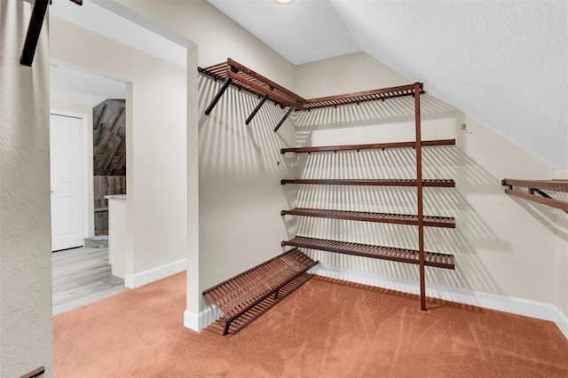 5440 Manatee Point Dr, New Port Richey, FL 34652 - staircase featuring carpet, lofted ceiling, and baseboards