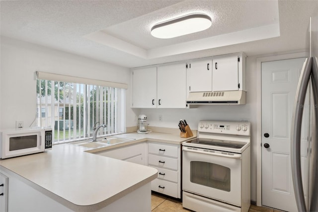 13001 Sawmill Way, Hudson, FL 34667 - kitchen featuring white appliances, exhaust hood, a raised ceiling, a sink, and light countertops