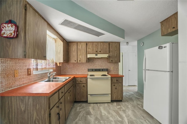 8053 Dedham Dr, Port Richey, FL 34668 - kitchen with white appliances, a sink, ventilation hood, tasteful backsplash, and brown cabinetry