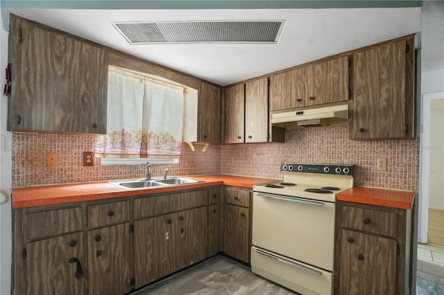 8053 Dedham Dr, Port Richey, FL 34668 - kitchen featuring under cabinet range hood, electric stove, a sink, and backsplash