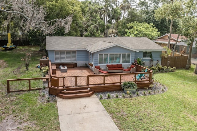 7424 Grand Blvd, New Port Richey, FL 34652 - view of front of house featuring outdoor lounge area, roof with shingles, and a wooden deck