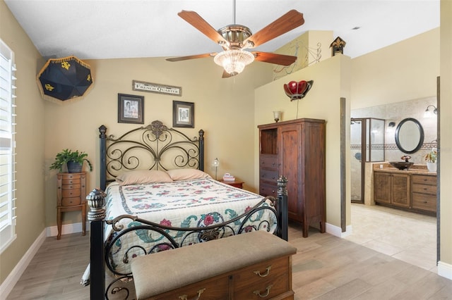 7923 Woburn St, New Port Richey, FL 34653 - bedroom featuring light wood-style floors, high vaulted ceiling, baseboards, and a ceiling fan
