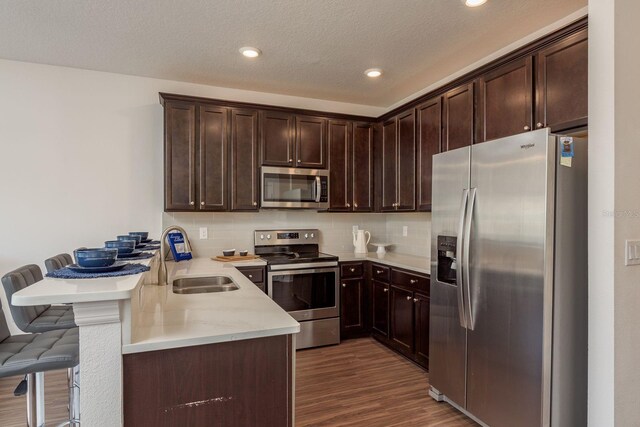 5520 White Marlin Ct, New Port Richey, FL 34652 - kitchen featuring appliances with stainless steel finishes, a peninsula, a sink, dark wood-style flooring, and dark brown cabinetry