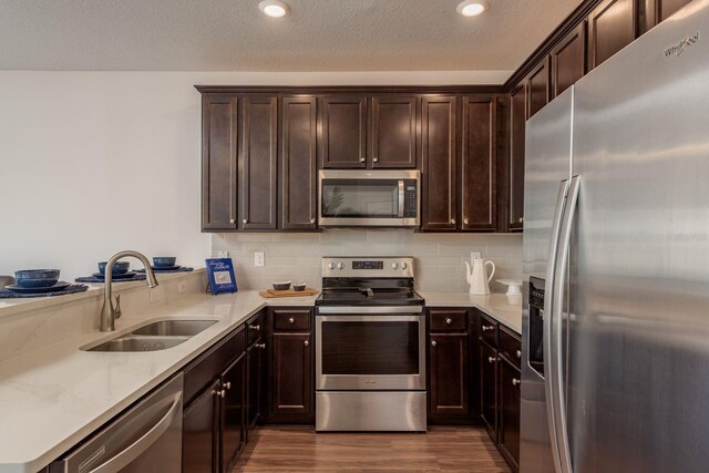 5520 White Marlin Ct, New Port Richey, FL 34652 - kitchen with stainless steel appliances, a sink, dark wood-style flooring, dark brown cabinets, and light countertops