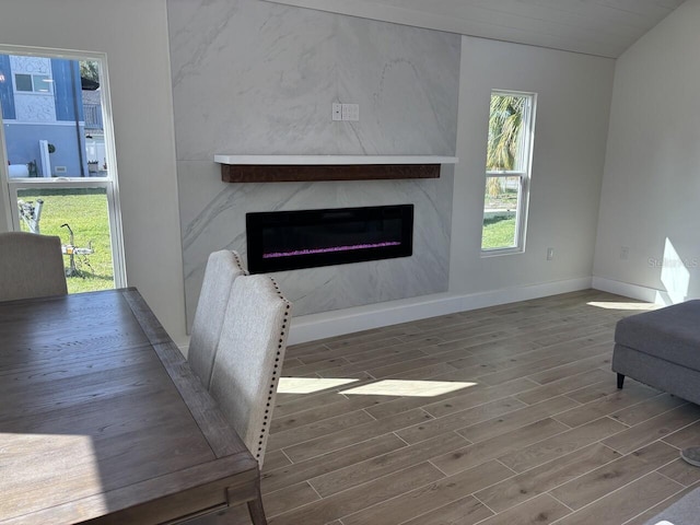 4104 Pine Dale Ct, Hernando Beach, FL 34607 - living area featuring plenty of natural light, a premium fireplace, wood finished floors, baseboards, and vaulted ceiling