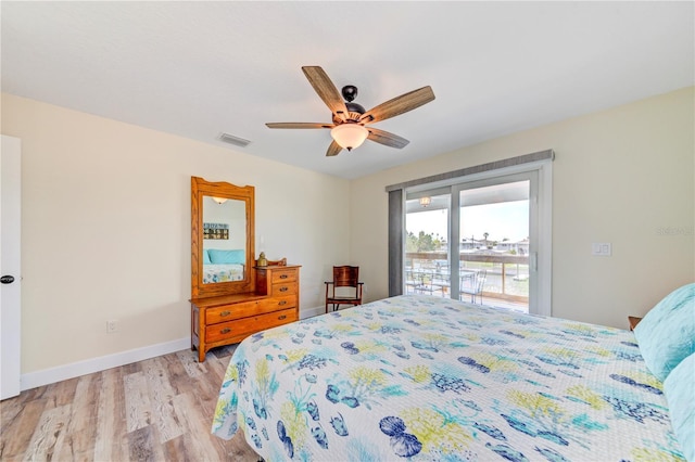 4469 Bahama Dr, Hernando Beach, FL 34607 - bedroom with light wood finished floors, baseboards, access to outside, and ceiling fan