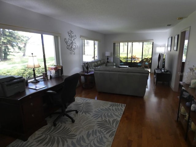 13010 Wedgewood Way Unit A, Hudson, FL 34667 - living room featuring wood finished floors, healthy amount of natural light, a desk, and a textured ceiling
