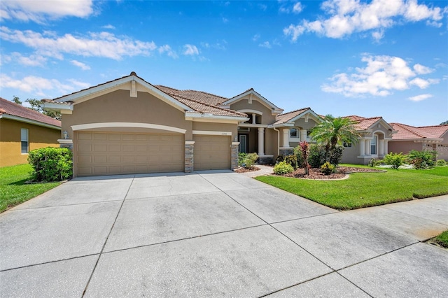 11726 Belle Haven Dr, New Port Richey, FL 34654 - view of front of house featuring stucco siding, a garage, concrete driveway, a front lawn, and a tiled roof
