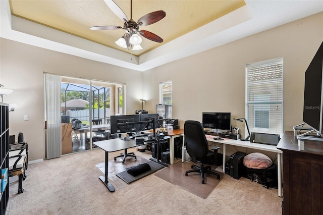11726 Belle Haven Dr, New Port Richey, FL 34654 - carpeted office space featuring a raised ceiling, ceiling fan, plenty of natural light, and baseboards