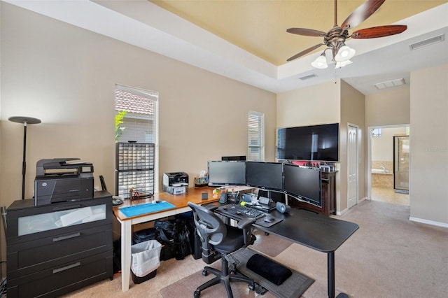 11726 Belle Haven Dr, New Port Richey, FL 34654 - office space with light carpet, a ceiling fan, plenty of natural light, and a tray ceiling