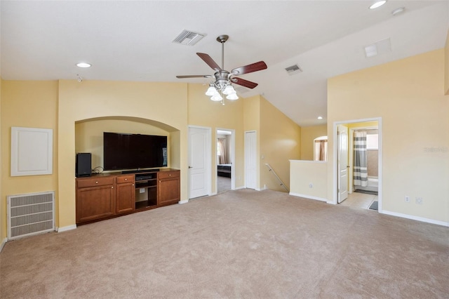 11726 Belle Haven Dr, New Port Richey, FL 34654 - unfurnished living room featuring a ceiling fan, vaulted ceiling, baseboards, light carpet, and recessed lighting