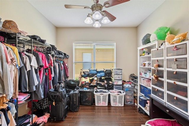 11726 Belle Haven Dr, New Port Richey, FL 34654 - spacious closet featuring wood tiled floors and ceiling fan