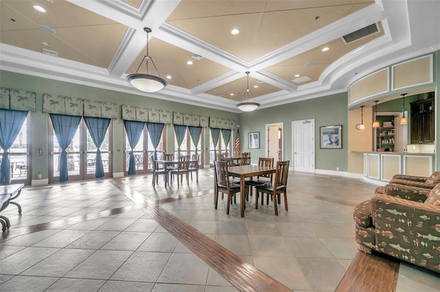 11726 Belle Haven Dr, New Port Richey, FL 34654 - dining space featuring baseboards, coffered ceiling, crown molding, recessed lighting, and a towering ceiling