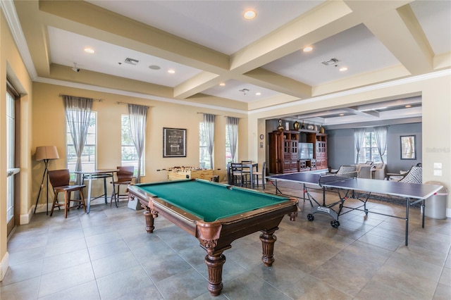 11726 Belle Haven Dr, New Port Richey, FL 34654 - playroom featuring coffered ceiling, billiards, baseboards, beamed ceiling, and recessed lighting