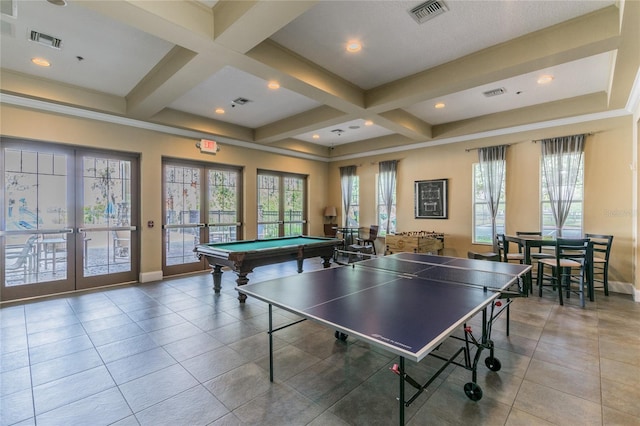11726 Belle Haven Dr, New Port Richey, FL 34654 - playroom with french doors, coffered ceiling, pool table, baseboards, and beam ceiling