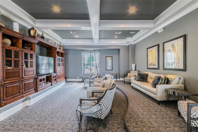 11726 Belle Haven Dr, New Port Richey, FL 34654 - carpeted living area with coffered ceiling, beam ceiling, crown molding, baseboards, and recessed lighting